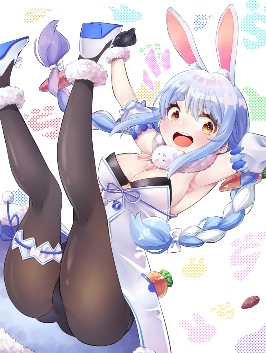 absurdres, animal_ears, ankle_garter, armpits, bangs, black_gloves, black_legwear, black_leotard, blue_hair, braid, breasts, bunny-shaped_pupils, carrot_hair_ornament, clothing_cutout, coat, creature, cutout_above_navel, detached_sleeves, food-themed_hair_ornament, fur-trimmed_coat, fur-trimmed_gloves, fur_scarf, fur_trim, gloves, hair_ornament, highres, hikimayu, hololive, leg_garter, leotard, leotard_under_clothes, long_hair, mary_janes, multicolored_hair, orange_eyes, pantyhose, playboy_bunny, puffy_short_sleeves, puffy_sleeves, rabbit, rabbit_ears, rabbit_girl, rabbit_tail, scarf, shiiba_hiromi, shoes, short_eyebrows, short_sleeves, small_breasts, strapless, strapless_coat, strapless_leotard, swept_bangs, symbol-shaped_pupils, tail, tail_cutout, thick_eyebrows, twin_braids, twintails, two-tone_hair, underboob_cutout, usada_pekora, virtual_youtuber, white_coat, white_footwear, white_hair, white_scarf, white_sleeves