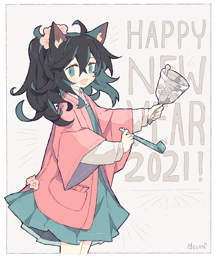 1girl, 2021, :d, ahoge, animal_ear_fluff, animal_ears, aqua_dress, aqua_eyes