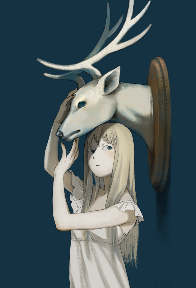 1girl, arms_up, blue_background, blue_eyes, blue_theme, colored_skin, deer, deer_head, dress, frilled_sleeves, frills, from_side, long_hair, looking_to_the_side, original, shokugyo, solo, taxidermy, trophy_head, white_dress, white_hair, white_skin