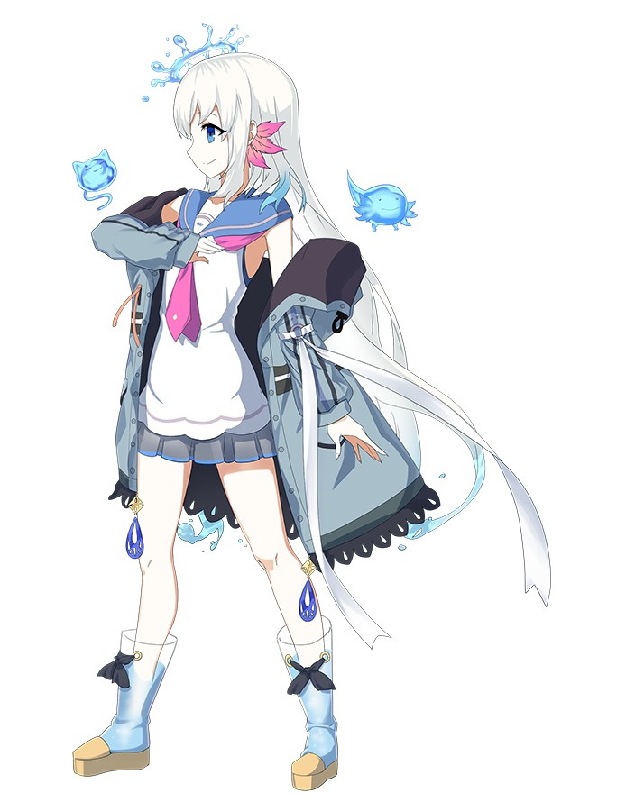 1girl, axolotl, axolotl_girl, bangs, blue_footwear, boots, from_side, grey_jacket, grey_skirt, hair_behind_ear, halo, jacket, korean_commentary, lee_on, liquid_halo, nijisanji, nijisanji_kr, off_shoulder, open_hands, sailor_collar, schadenfreude_(adhoc0110), skirt, sleeveless, smile, solo, transparent_background, virtual_youtuber, water