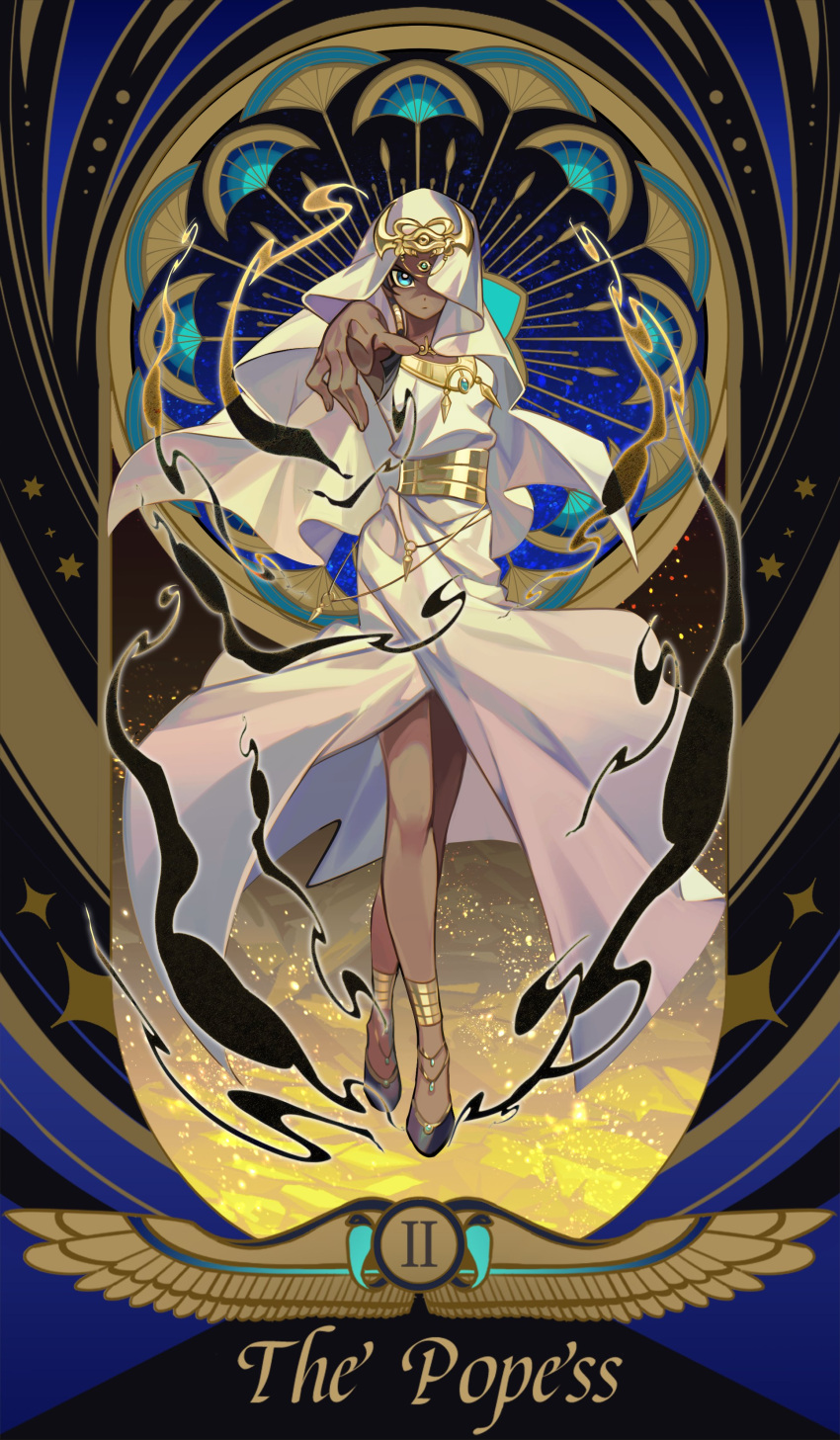 1girl, absurdres, armlet, black_hair, blue_eyes, border, breasts, dark-skinned_female