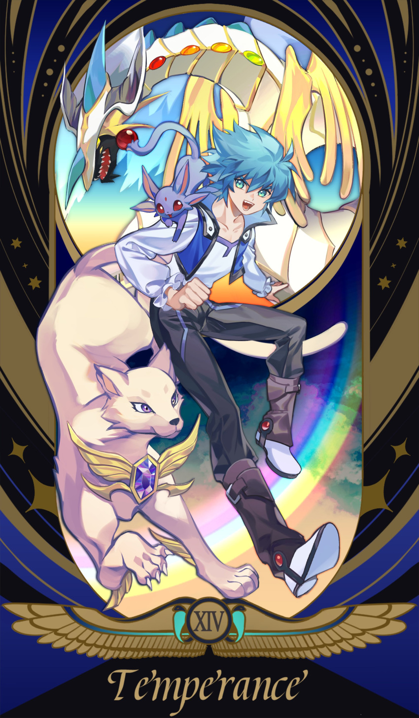 1boy, absurdres, aqua_eyes, aqua_hair, black_pants, border, cropped_jacket, crystal_beast_amethyst_cat