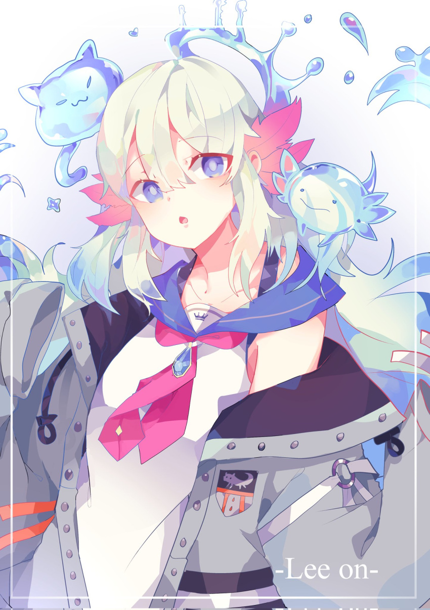 1girl, :o, axolotl, axolotl_girl, bing_samong, blue_eyes, blush, character_name, eyebrows_visible_through_hair, grey_jacket, hair_behind_ear, head_tilt, highres, jacket, lee_on, looking_at_viewer, nijisanji, nijisanji_kr, off_shoulder, open_mouth, sailor_collar, silver_hair, solo, virtual_youtuber
