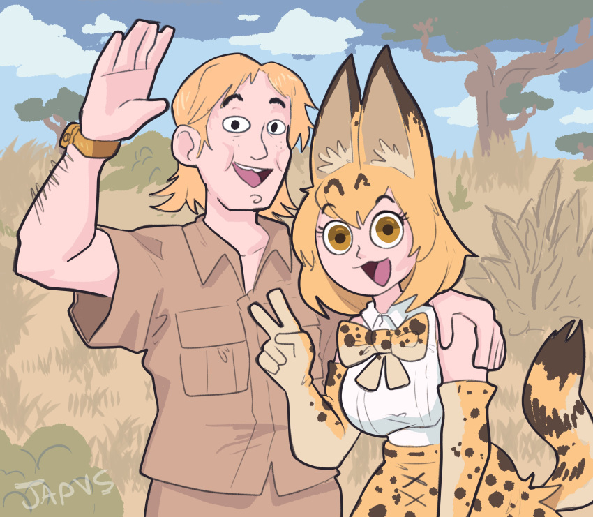 1boy, 1girl, :d, absurdres, animal_ear_fluff, animal_ears, arm_hair, artist_name