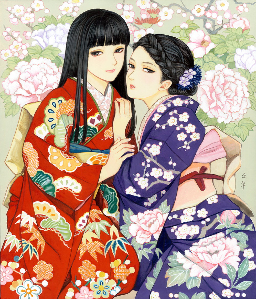 2girls, bangs, black_eyes, black_hair, blunt_bangs, braid, couple, floral_background