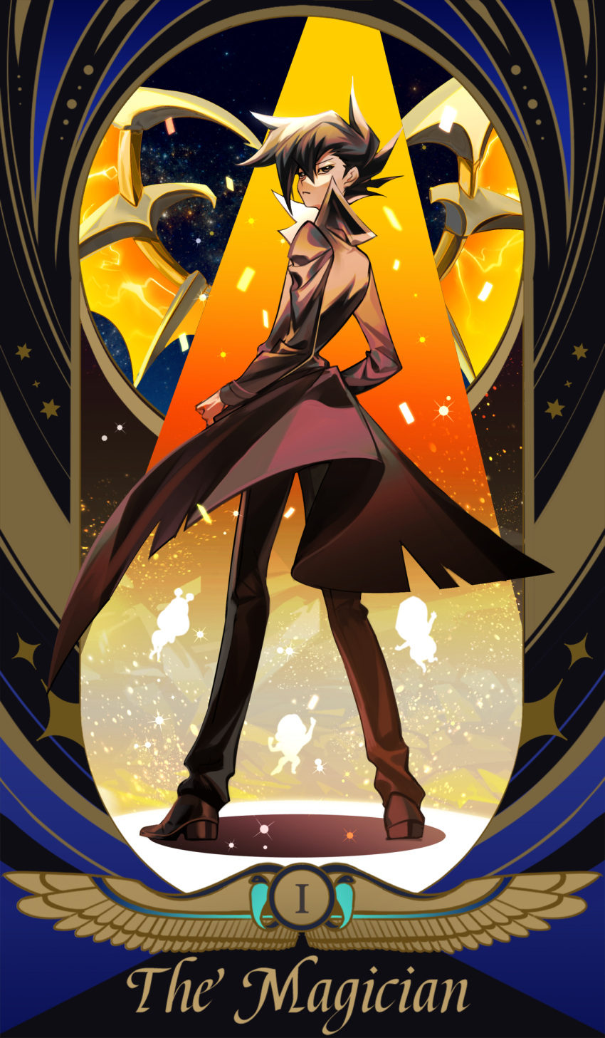 1boy, absurdres, armed_dragon, black_hair, black_pants, border, coat, duel_monster