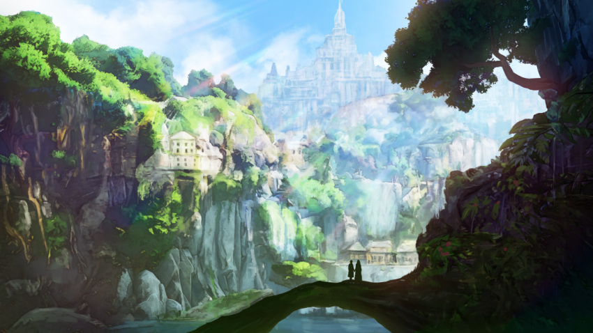 2others, ambiguous_gender, building, castle, cliff, commentary_request, fantasy, holding_hands