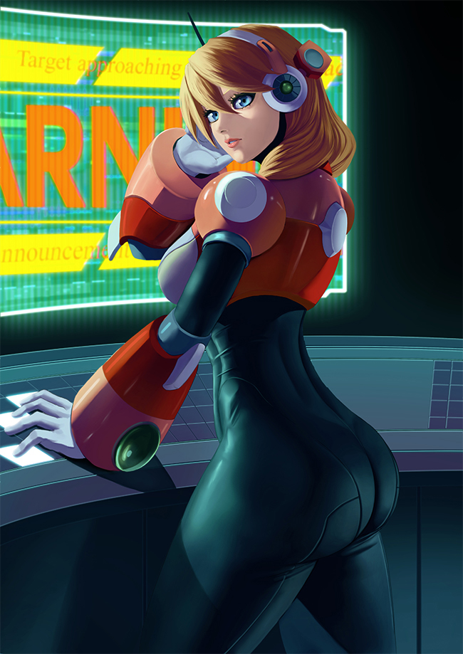 1girl, alia_(mega_man), android, armor, ass, bangs, black_bodysuit, blonde_hair