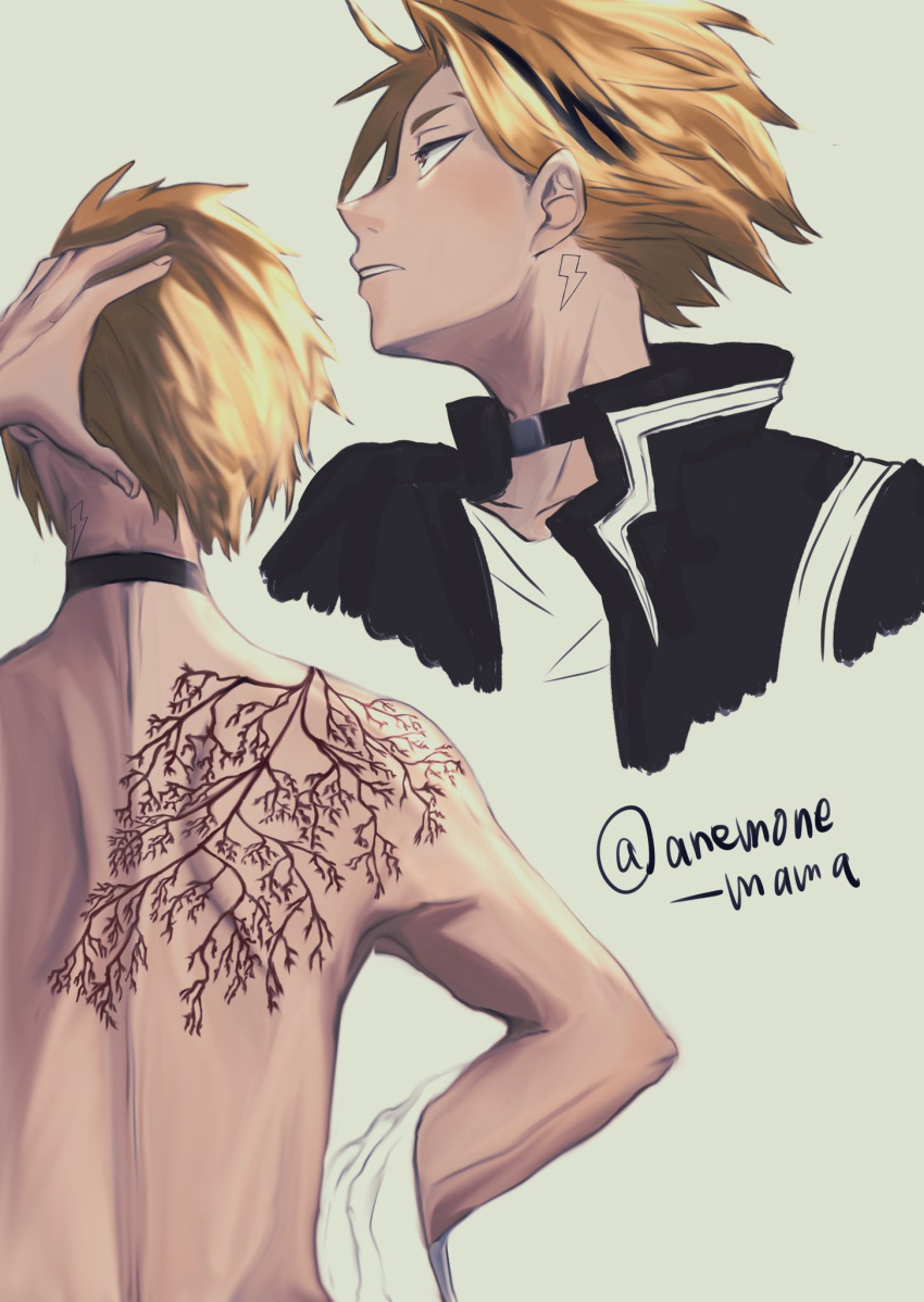 1boy, anemone_mama, blonde_hair, boku_no_hero_academia, choker, highres, kaminari_denki, lightning_bolt_symbol
