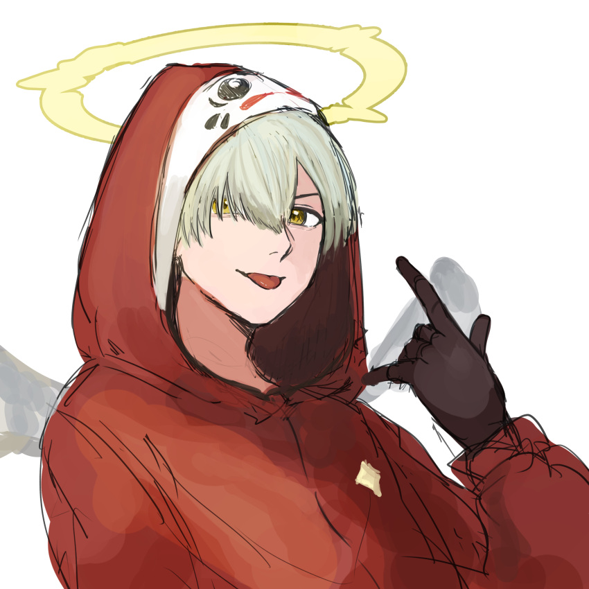 1boy, \m/, absurdres, arisyooon, black_gloves, crazy_raccoon, daruma_is_god, eyebrows_behind_hair