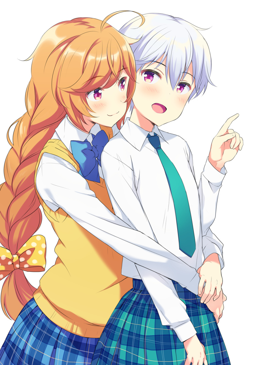 3girls, ahoge, aqua_necktie, bangs, blue_bow, blue_skirt, blush, bow