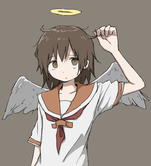 1girl, adjusting_hair, angel_wings, arm_at_side, arm_up, bad_id, bad_twitter_id, bangs