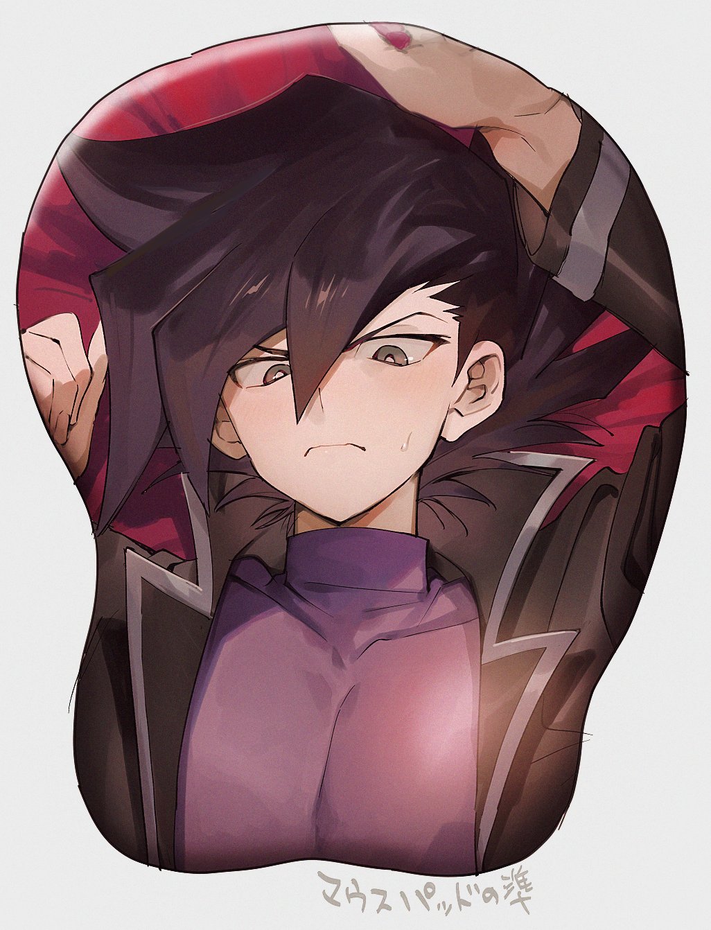 1boy, alternate_pectoral_size, aoki_(fumomo), bangs, black_hair, blush, breast_mousepad, duel_academy_uniform_(yu-gi-oh!_gx), grey_eyes, hair_between_eyes, highres, lying, male_focus, manjoume_jun, on_back, pectorals, purple_shirt, school_uniform, shirt, solo, spiky_hair, sweatdrop, yu-gi-oh!, yu-gi-oh!_gx