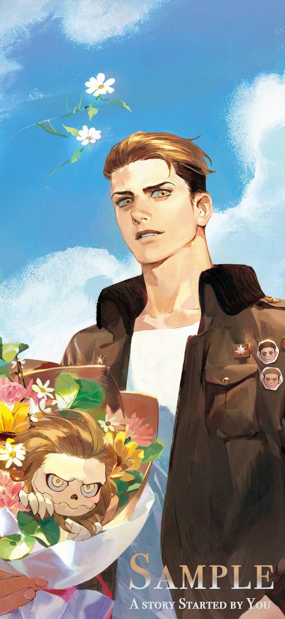 1boy, bouquet, brown_eyes, brown_jacket, chibi, flower, highres, holding
