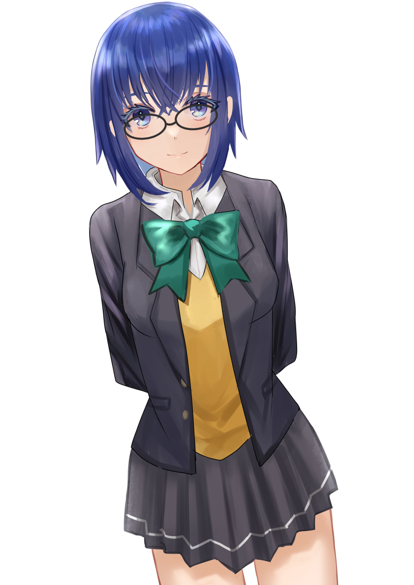 1girl, absurdres, arms_behind_back, bangs, black-framed_eyewear, black_jacket, blue_eyes, blue_hair, blush, bow, bowtie, ciel_(tsukihime), closed_mouth, collared_shirt, commentary_request, glasses, green_bow, grey_skirt, hair_between_eyes, highres, jacket, long_sleeves, looking_at_viewer, miniskirt, okurasato, open_clothes, open_jacket, pleated_skirt, school_uniform, shirt, short_hair, simple_background, skirt, smile, solo, tsukihime, tsukihime_(remake), uniform, vest, white_background, white_shirt, yellow_vest