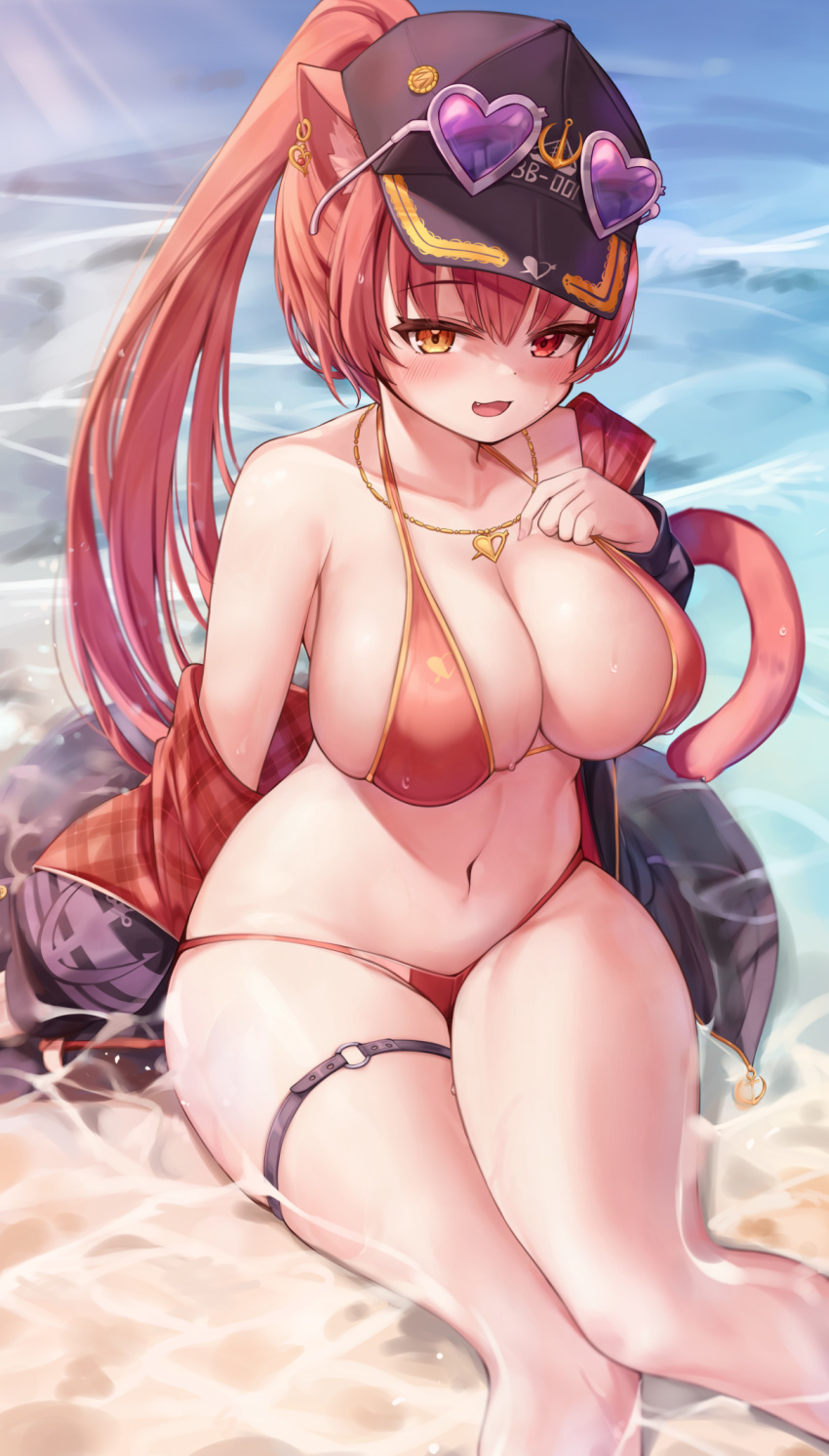 1girl, animal_ears, bikini, black_headwear, breasts, cat_ears, cat_tail, deaver