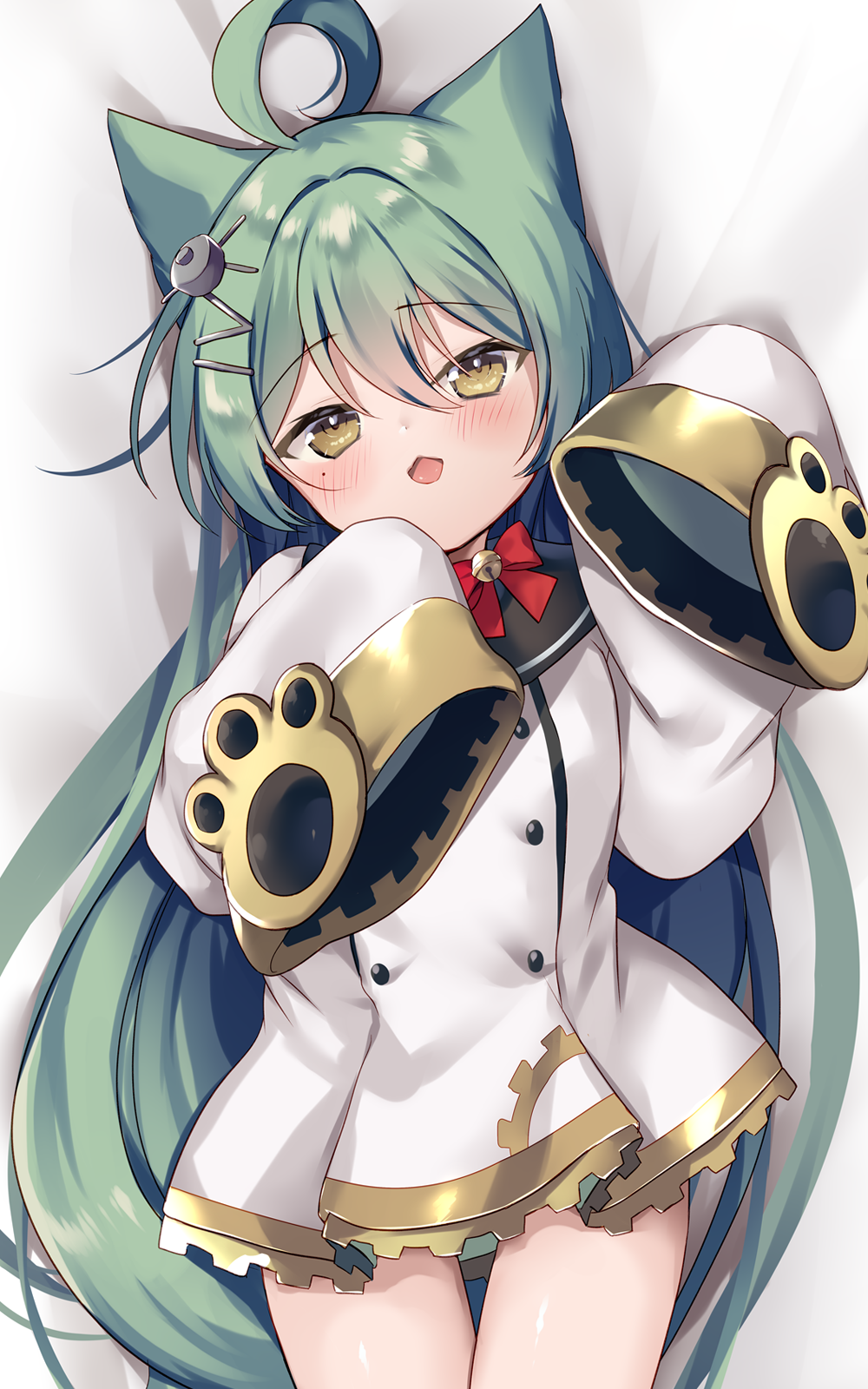 1girl, ahoge, akashi_(azur_lane), animal_ears, azur_lane, bangs, bed_sheet, blush