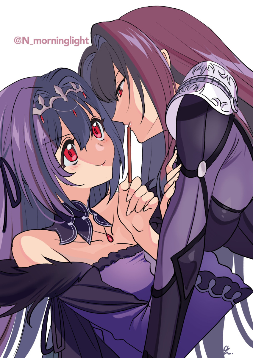 2girls, asakou_(n_morninglight), bangs, bodysuit, breasts, commentary_request, dress, eyebrows_visible_through_hair