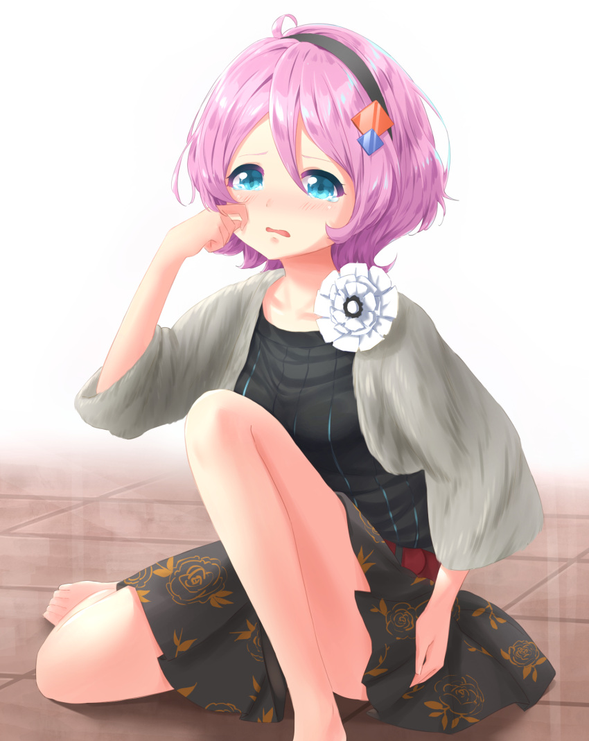 1girl, belt, blue_eyes, blush, cowboy_shot, dress, flower, fur
