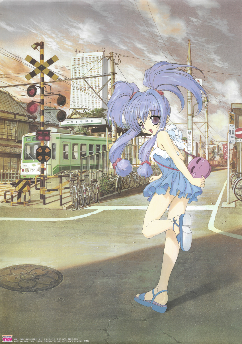 1990s_(style), 1girl, absurdres, akihabara_dennou_gumi, bag, bangs, blue_dress, blue_eyes