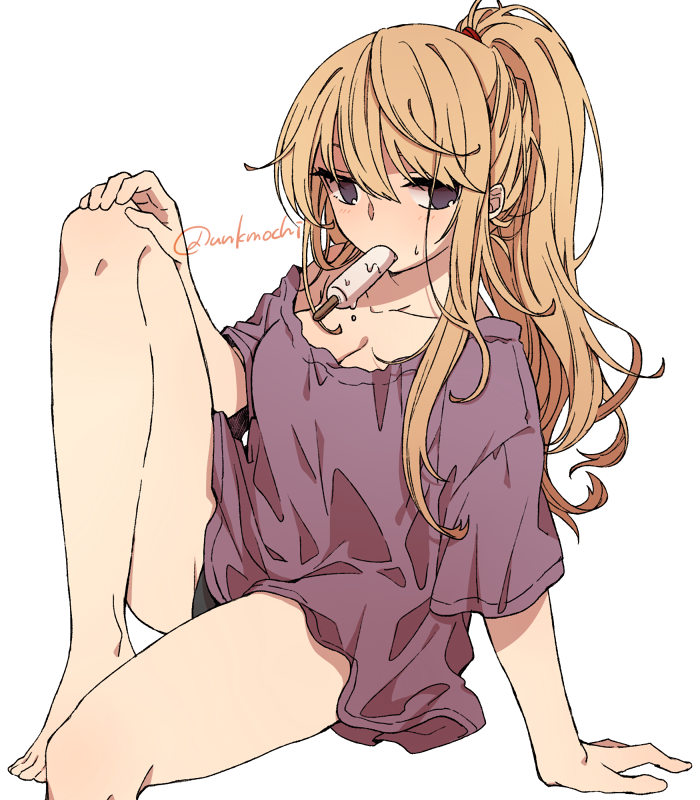 1girl, alternate_costume, bangs, barefoot, black_panties, blonde_hair, casual, commentary_request, food, food_in_mouth, foot_out_of_frame, hair_ornament, hair_scrunchie, hand_on_own_knee, long_hair, looking_at_viewer, panties, ponytail, popsicle, purple_shirt, red_scrunchie, scrunchie, shirt, sidelocks, simple_background, sitting, solo, sweatdrop, t-shirt, thighs, touhou, twitter_username, underwear, unkmochi, violet_eyes, white_background, yakumo_yukari
