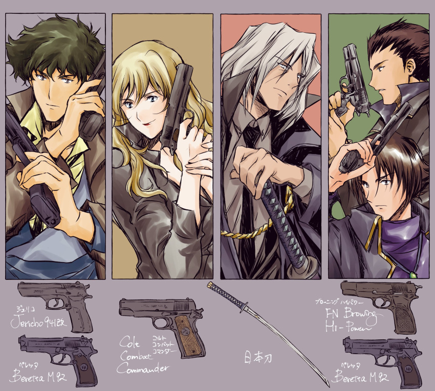 cowboy_bebop, grey_hair, gun, handgun, highres, holding, holding_weapon, imi_jericho