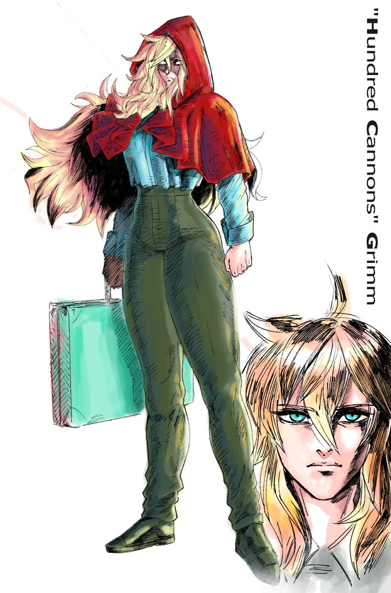 1girl, aqua_eyes, blonde_hair, blue_shirt, character_name, collared_shirt, green_footwear, green_pants, grimm_(red_hood), gutsbro, high-waist_pants, highres, holding, holding_suitcase, long_hair, pants, red_hood, red_hood_(kawaguchi), shinkawa_youji_(style), shirt, solo, standing, suitcase