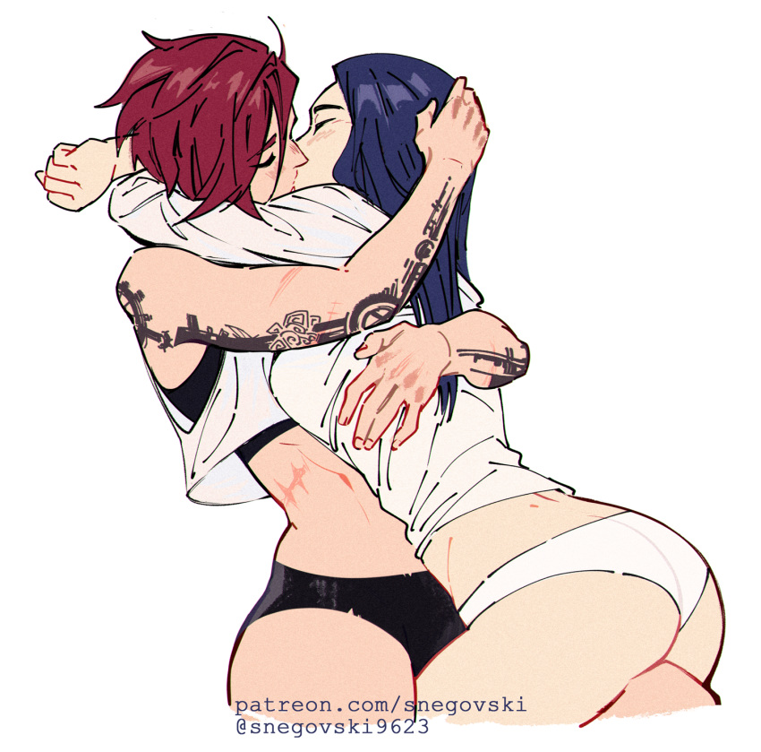 2girls, arcane:_league_of_legends, arm_tattoo, blue_hair, caitlyn_(league_of_legends), closed_eyes, crop_top, cropped_legs