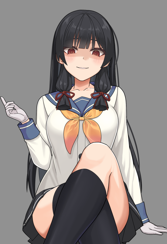 1girl, asymmetrical_legwear, bangs, black_hair, black_legwear, black_skirt, blue_sailor_collar, crazy_smile