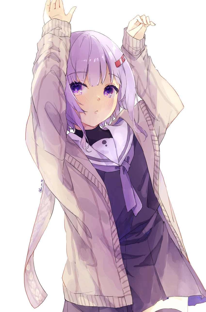 1girl, a.i._voice, absurdres, arms_up, bangs, black_legwear, black_shirt, black_skirt, blush, brown_jacket, closed_mouth, commentary_request, eyebrows_visible_through_hair, hair_ornament, hairclip, haruta_(user_dndp3458), highres, jacket, long_sleeves, looking_at_viewer, open_clothes, open_jacket, pleated_skirt, purple_hair, sailor_collar, shirt, skirt, sleeves_past_wrists, solo, thigh-highs, violet_eyes, voiceroid, white_background, white_sailor_collar, yuzuki_yukari, yuzuki_yukari_(shizuku)