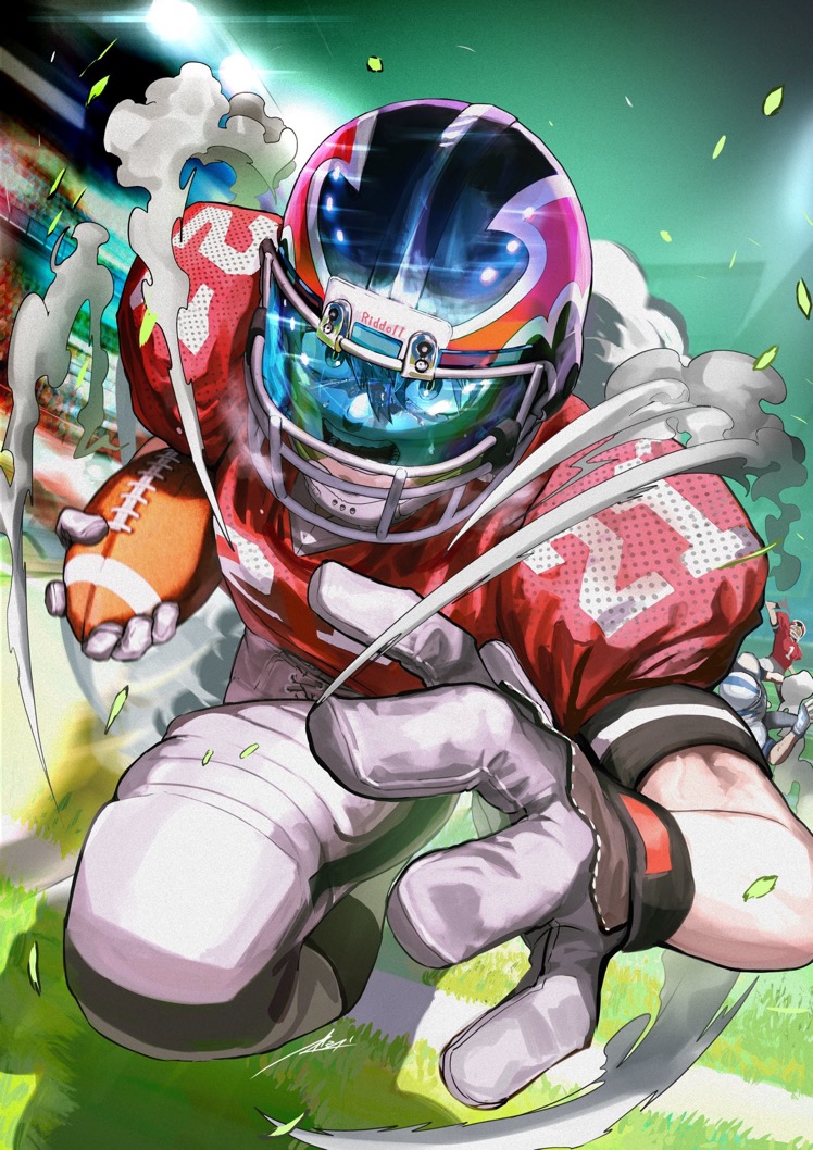 3boys, action, american_football, american_football_(object), american_football_helmet, american_football_uniform, ball, chin_strap