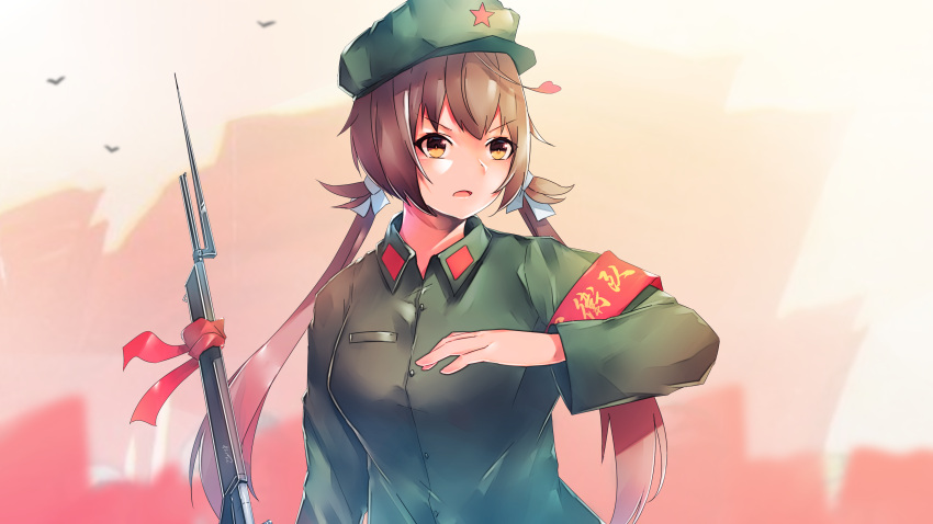 1girl, :o, absurdres, bangs, bayonet, bolt_action, brown_eyes, brown_hair