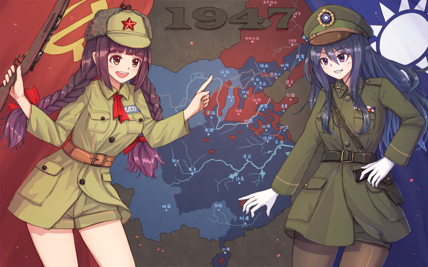 2girls, :d, bangs, black_hair, bolt_action, braid, brown_eyes, brown_hair, brown_legwear, china, chinese_army, chinese_civil_war, flag, green_headwear, green_jacket, green_shorts, gun, hair_between_eyes, handgun, hat, highres, holding, holding_gun, holding_weapon, holstered_weapon, jacket, long_hair, long_sleeves, looking_at_another, map, military, military_hat, military_jacket, military_uniform, multiple_girls, open_mouth, original, people's_republic_of_china_flag, pistol, republic_of_china_flag, shorts, smile, suikakitsu_shiro, taiwan, thigh-highs, twin_braids, uniform, violet_eyes, weapon
