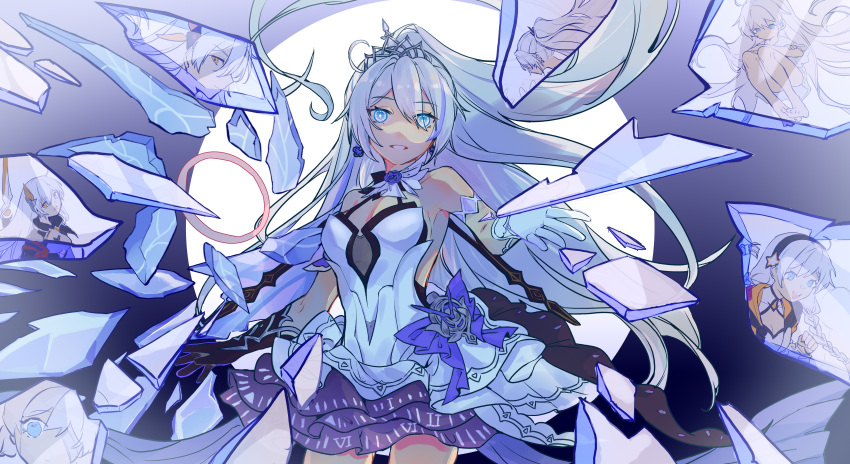 1girl, absurdres, asymmetrical_gloves, bangs, bare_shoulders, black_gloves, blue_eyes, dress, earrings, gloves, grin, hair_between_eyes, highres, honkai_(series), honkai_impact_3rd, jewelry, kiana_kaslana, kiana_kaslana_(herrscher_of_flamescion), kiana_kaslana_(herrscher_of_the_void), kiana_kaslana_(white_comet), long_hair, looking_at_viewer, mingmingzhu652, mismatched_gloves, open_mouth, ponytail, shards, sleeveless, sleeveless_dress, smile, solo, teeth, tiara, white_dress, white_gloves, white_hair, yellow_eyes
