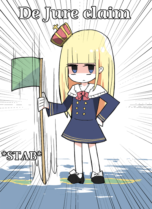 1girl, bangs, black_footwear, blonde_hair, blue_dress, blue_eyes, blunt_bangs, bow, buttons, closed_mouth, crown, crusader_kings, dress, emphasis_lines, english_commentary, english_text, flag, footwear_bow, frown, gameplay_mechanics, green_flag, hand_on_hip, holding, holding_flag, original, sailor_collar, sarawaritai, shoes, solo, standing, white_bow