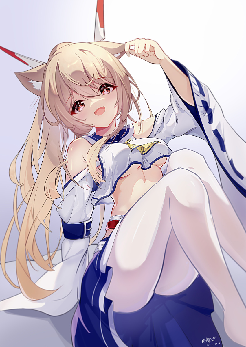 1girl, absurdres, animal_ears, ayanami_(azur_lane), azur_lane, bangs, blonde_hair, blue_skirt