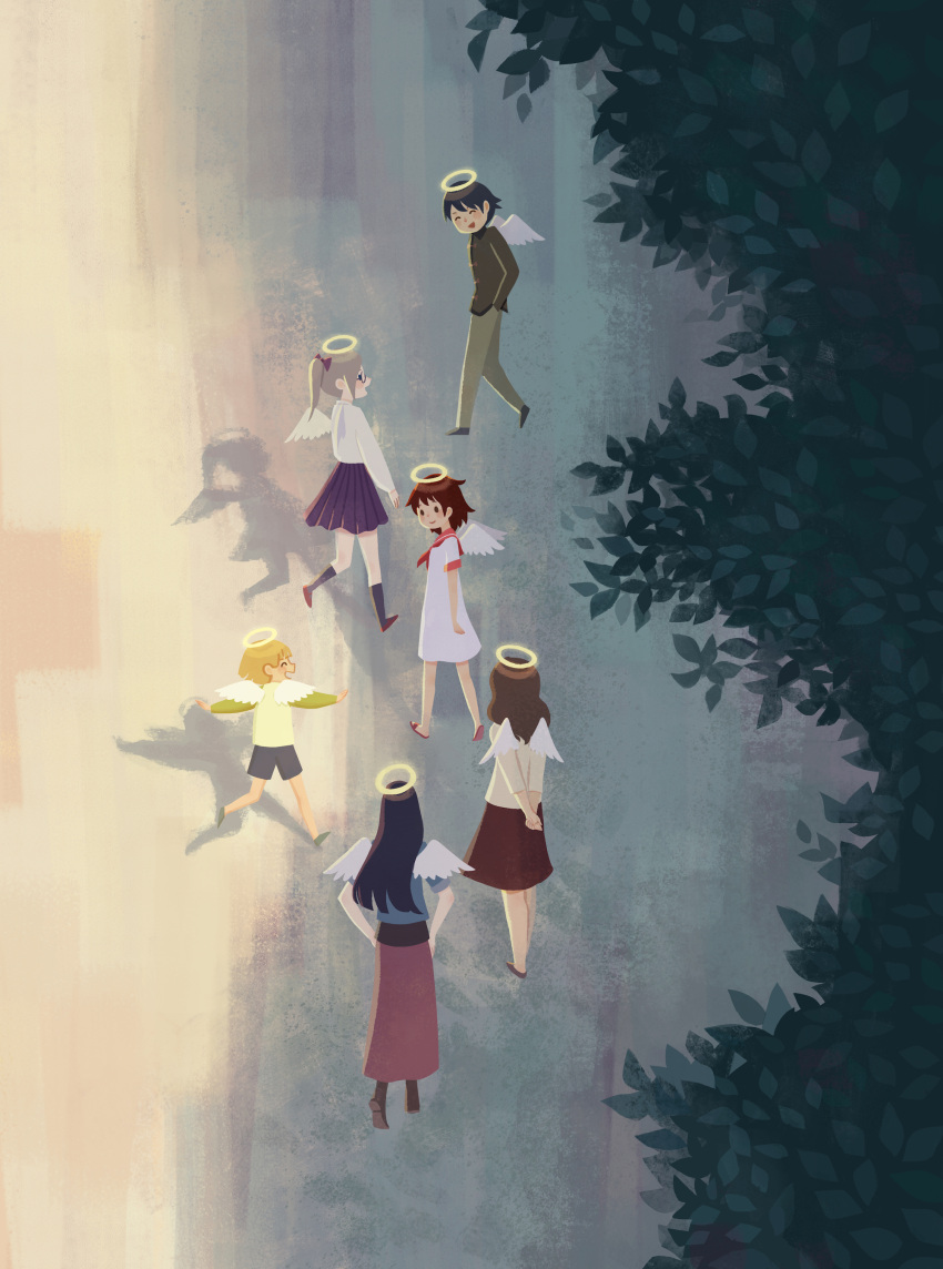 6+girls, ^_^, ^o^, absurdres, angel_wings, aqua_footwear, arm_at_side, arms_behind_back, backlighting, bangs, black-framed_eyewear, black_hair, black_legwear, blonde_hair, blue_eyes, blue_jacket, blunt_bangs, blunt_ends, blush_stickers, boots, bow, brown_footwear, brown_hair, brown_skirt, chinese_clothes, closed_eyes, closed_mouth, denim, denim_jacket, dot_nose, dress, everyone, facing_away, facing_back, facing_viewer, feathered_wings, flats, from_above, from_behind, from_side, glasses, glowing, green_shirt, green_sleeves, grey_footwear, grey_pants, grey_shorts, haibane_renmei, hair_behind_ear, hair_bow, halo, hand_in_pocket, hands_on_hips, happy, heel_up, high_collar, highres, hikari_(haibane), jacket, kana_(haibane), kneehighs, kuu_(haibane), leg_up, long_hair, long_skirt, long_sleeves, looking_back, mary_janes, medium_skirt, multiple_girls, neckerchief, nemu_(haibane), nicole_lim, no_lineart, open_mouth, outdoors, outstretched_arms, own_hands_together, pants, pleated_skirt, ponytail, profile, puffy_long_sleeves, puffy_sleeves, purple_skirt, raglan_sleeves, rakka_(haibane), red_bow, red_footwear, red_neckerchief, red_sailor_collar, red_skirt, reki_(haibane), reverse_trap, round_eyewear, running, sailor_collar, sailor_dress, sandals, shade, shadow, shirt, shirt_tucked_in, shoe_soles, shoes, short_hair, short_sleeves, shorts, sideways_glance, skirt, sleeves_past_elbows, sleeves_rolled_up, smile, solid_oval_eyes, spread_arms, standing, swept_bangs, t-shirt, tangzhuang, tomboy, tree, tree_shade, walking, wavy_hair, white_dress, white_shirt, white_wings, wide_shot, wings