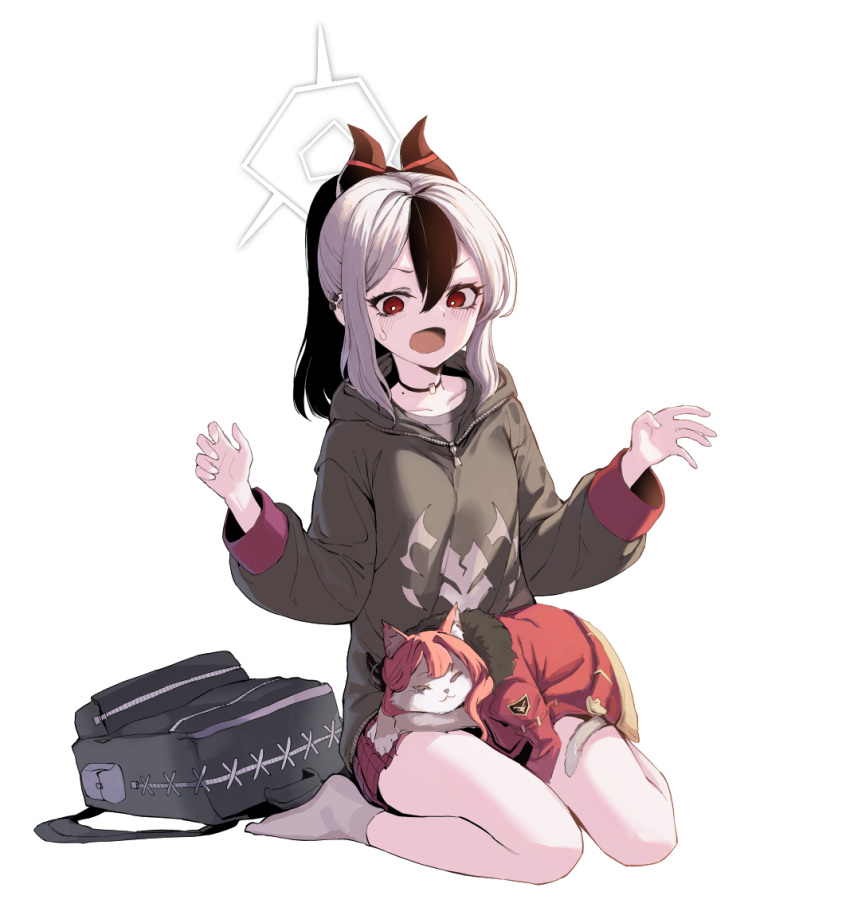 1girl, animal, aru_(blue_archive), backpack, bag, black_hair, blue_archive, blush, cat, halo, hood, hoodie, horns, jacket, kayoko_(blue_archive), long_hair, mia_(39565899), open_mouth, ponytail, red_eyes, sitting, socks, solo, sweatdrop, wariza, white_legwear
