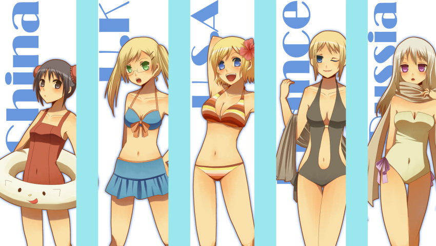 america, bikini, china, cleavage, france, hetalia_axis_powers, kisaragi_tomokaori, glasses