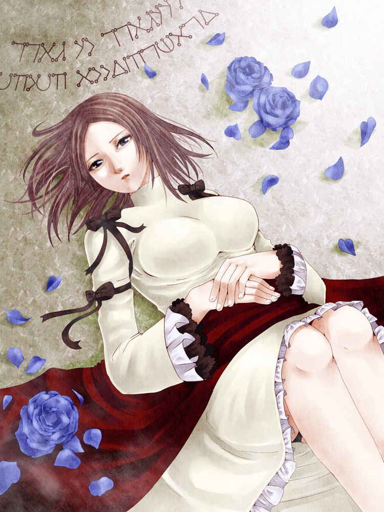 1girl, 38, blue_flower, blue_rose, breasts, brown_hair, drag-on_dragoon, dress