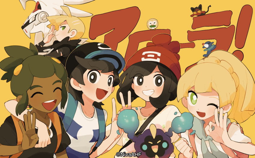 2girls, 3boys, :d, ahoge, arm_around_shoulder, backpack, bag, bangs