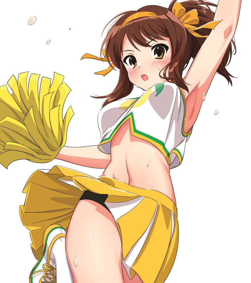 1girl, alternate_hairstyle, arm_up, bangs, black_panties, blush, breasts, brown_eyes