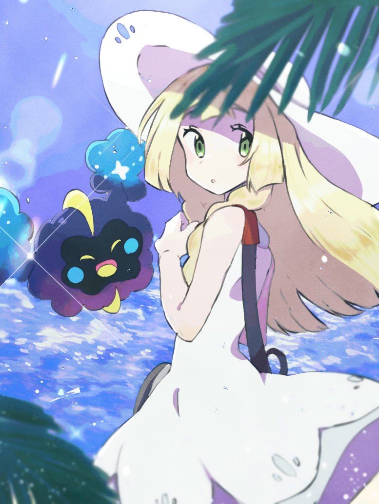 1girl, bangs, blonde_hair, blunt_bangs, blurry, commentary, cosmog, day, donguri_big, dress, eyelashes, green_eyes, hand_up, hat, lens_flare, lillie_(pokemon), long_hair, looking_back, outdoors, parted_lips, pokemon, pokemon_(creature), pokemon_(game), pokemon_sm, sleeveless, sleeveless_dress, sun_hat, sundress, white_dress, white_headwear