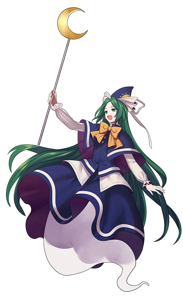 1girl, :d, bangs, banned_artist, blue_capelet, blue_dress, blue_headwear, blush, bow, buttons, capelet, commentary_request, crescent, dress, frilled_sleeves, frills, ghost_tail, green_eyes, green_hair, harano, hat, hat_ribbon, holding, holding_staff, long_hair, long_sleeves, looking_to_the_side, mima_(touhou), open_mouth, parted_bangs, parted_lips, ribbon, simple_background, smile, solo, staff, sun_print, touhou, touhou_(pc-98), white_background, white_ribbon, witch_hat, yellow_bow