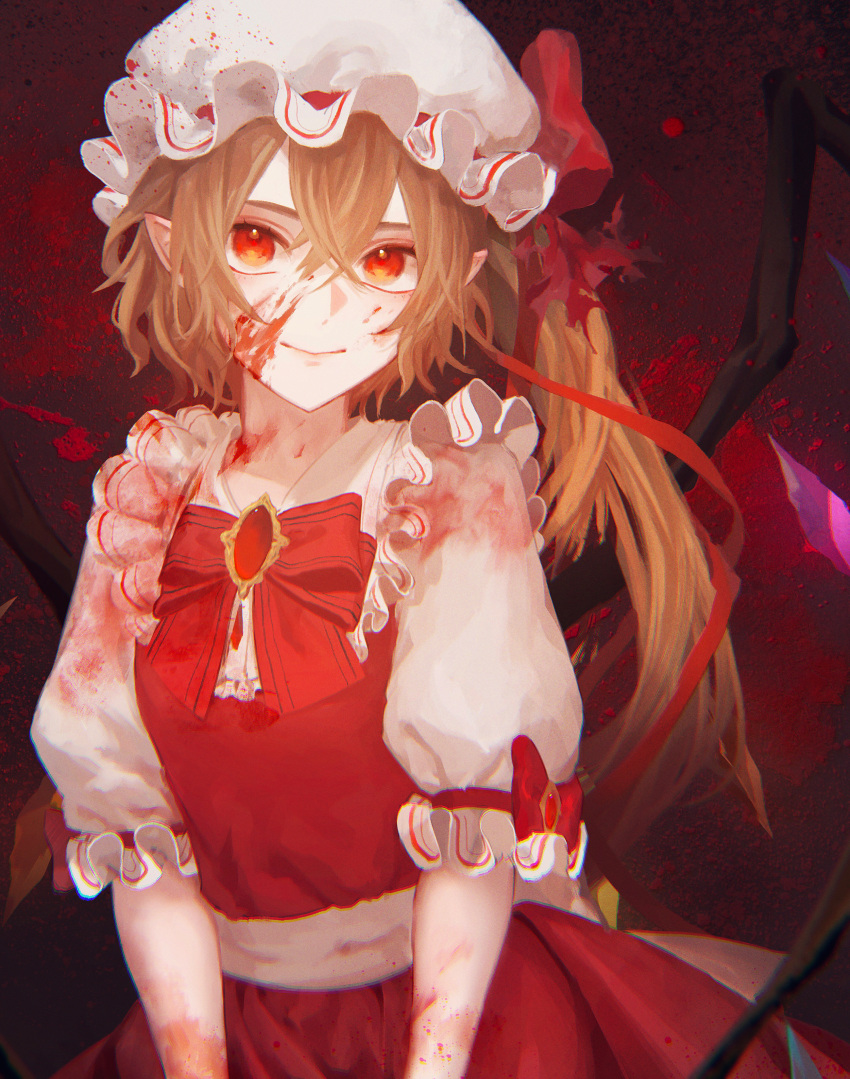 1girl, absurdres, blonde_hair, blood, blood_on_clothes, blood_on_face, brooch, crystal