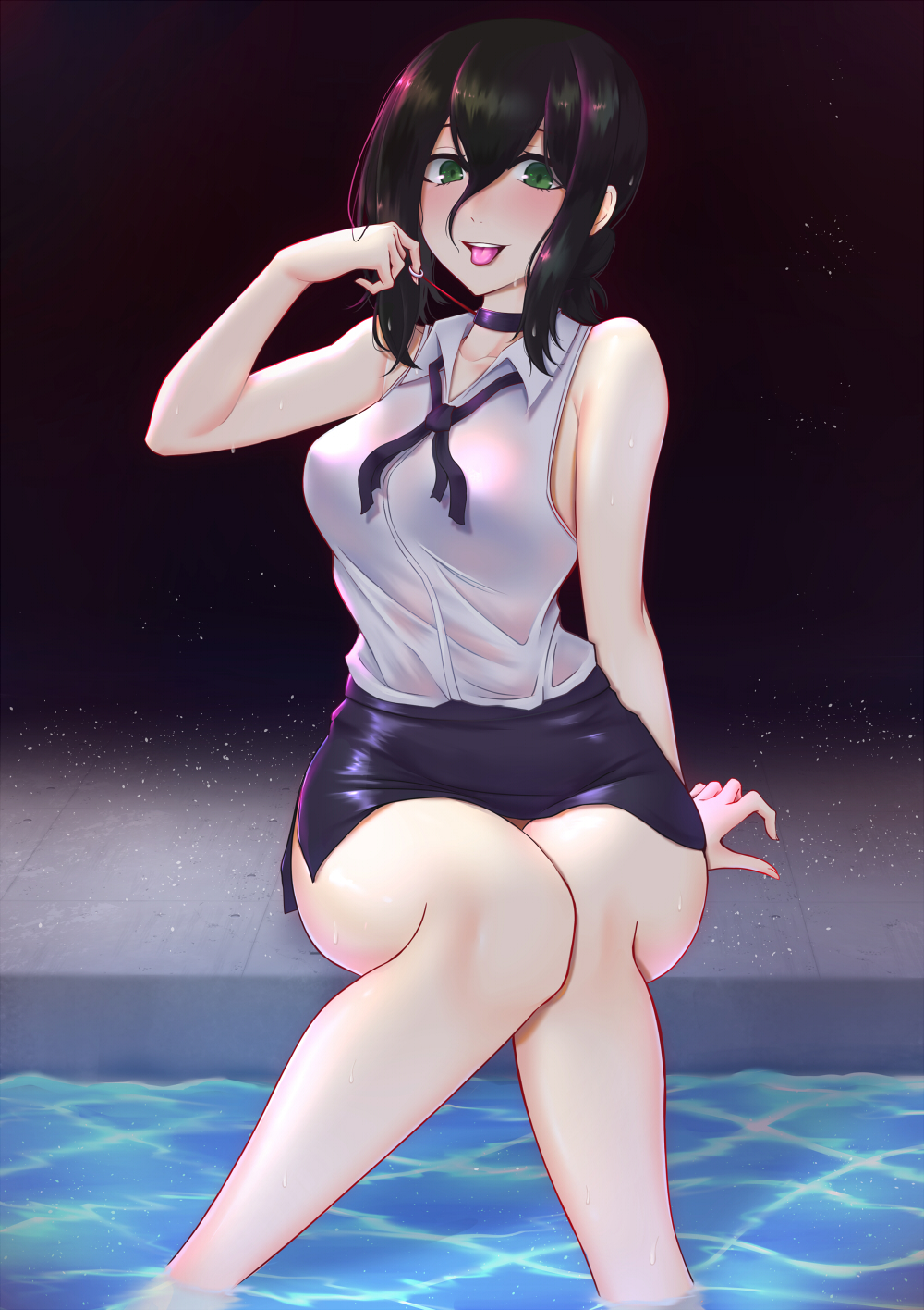 1girl, bangs, bare_legs, black_hair, blush, chainsaw_man, choker, collarbone