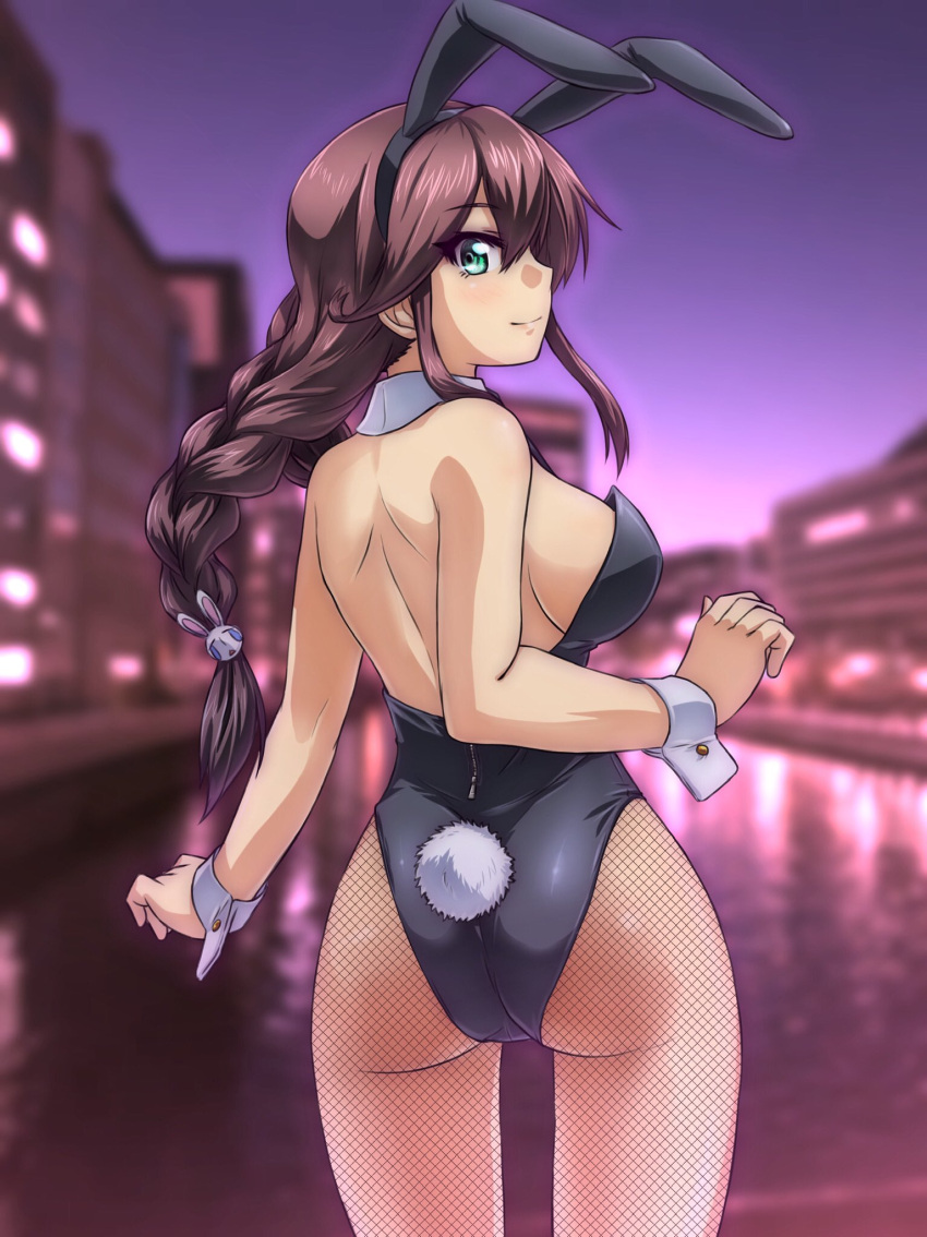 1girl, akito_(sub707), alternate_costume, animal_ears, ass, bangs, black_leotard, braid