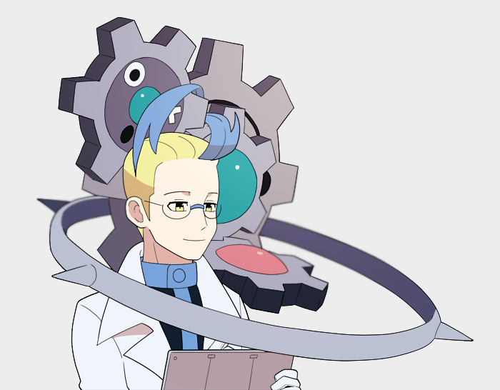 1boy, black_jacket, blonde_hair, blue_hair, blurry, closed_mouth, colress_(pokemon), commentary_request