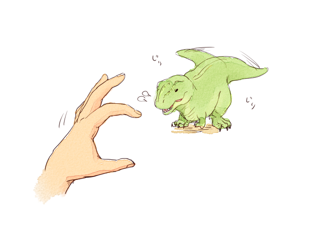 =3, afterimage, animal_focus, black_eyes, blank_eyes, claws, commentary_request, dinosaur, disembodied_limb, full_body, miniature, motion_lines, open_mouth, original, sharp_teeth, simple_background, standing, tail, tail_wagging, teeth, translation_request, tyrannosaurus_rex, white_background, yoichi_sogou