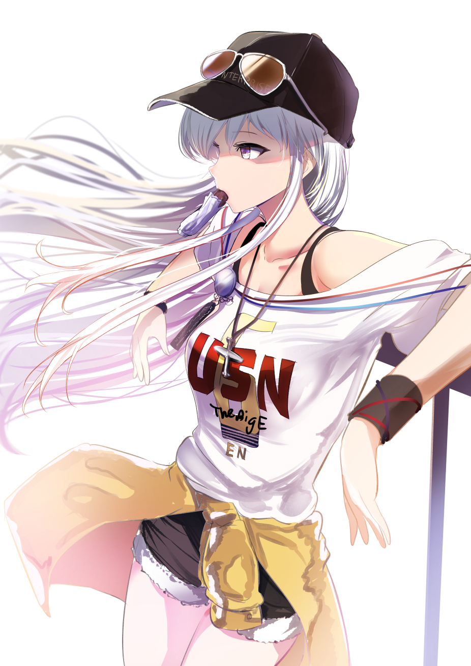 azur_lane, baseball_cap, breasts, brown-tinted_eyewear, clothes_around_waist, eating, enterprise_(anniversary_ride)_(azur_lane), enterprise_(azur_lane)